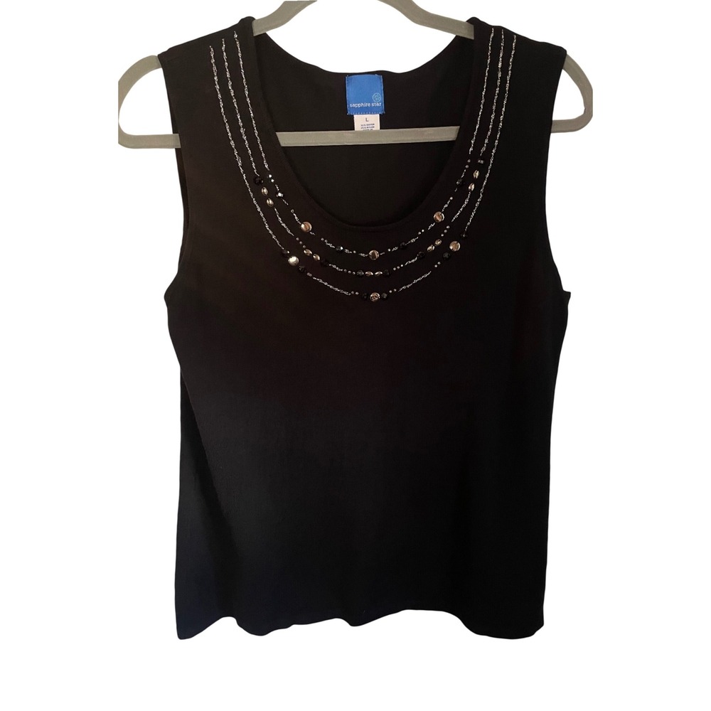 Sapphire Star Womens Black Embellished Knit Tank Top Size L Beaded Scoop Neck